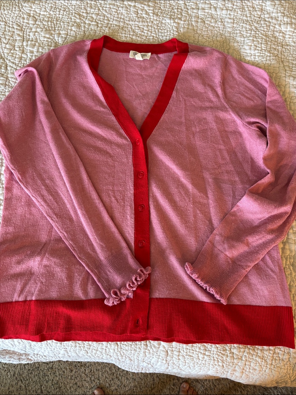 Candace Cameron Bure Pink Cardigan with Red Trim